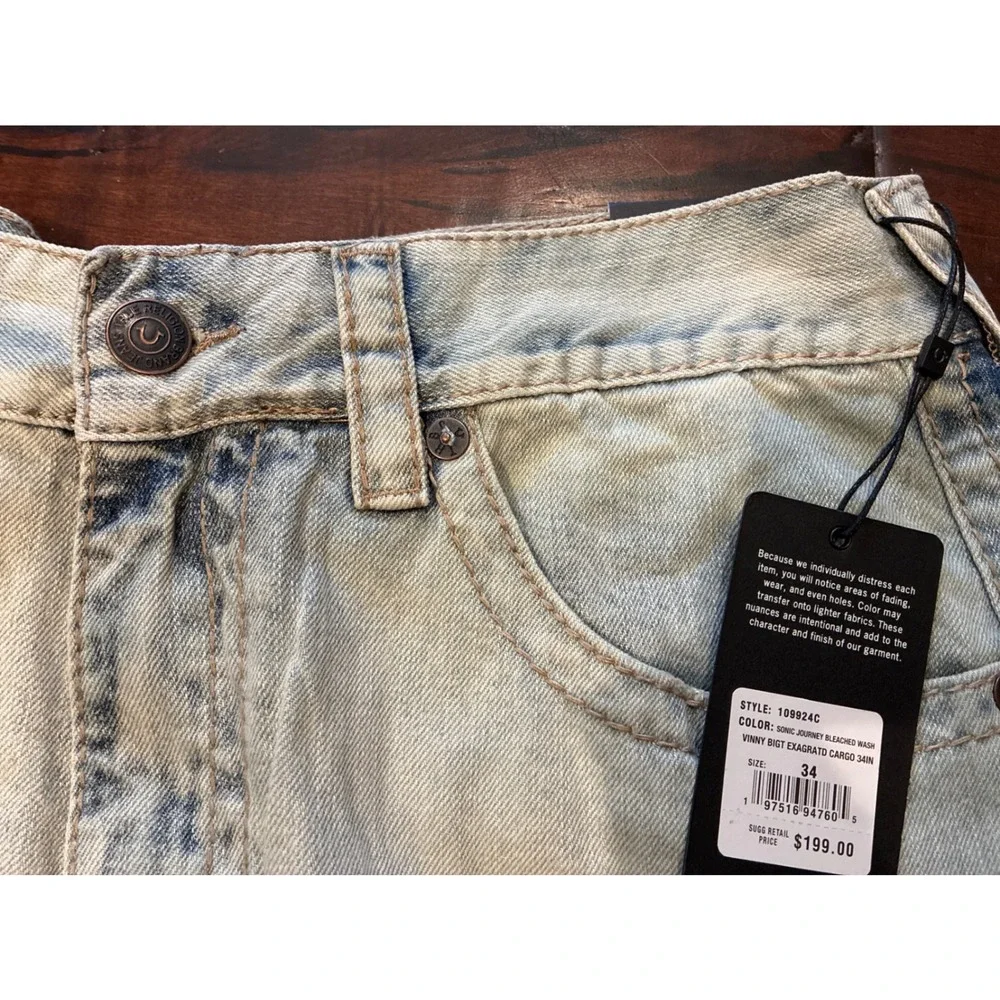 NWT True Religion Vinny Ultra Baggy Crgo Big T Jeans-8 Crgo Pkts-Mens 34 Bleach